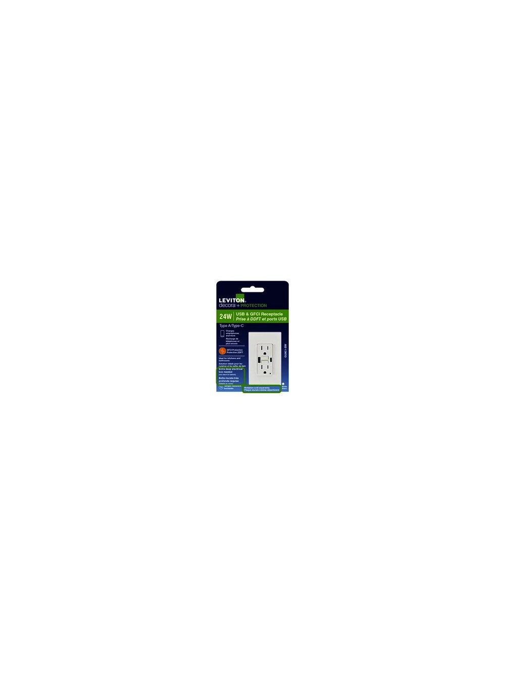 Leviton 15A GFCI Outlet With USB-A / USB-C In-Wall Charger White